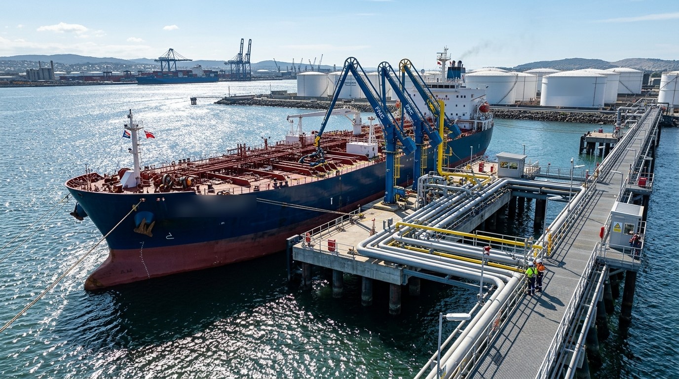 A product tanker loading at a terminal jetty